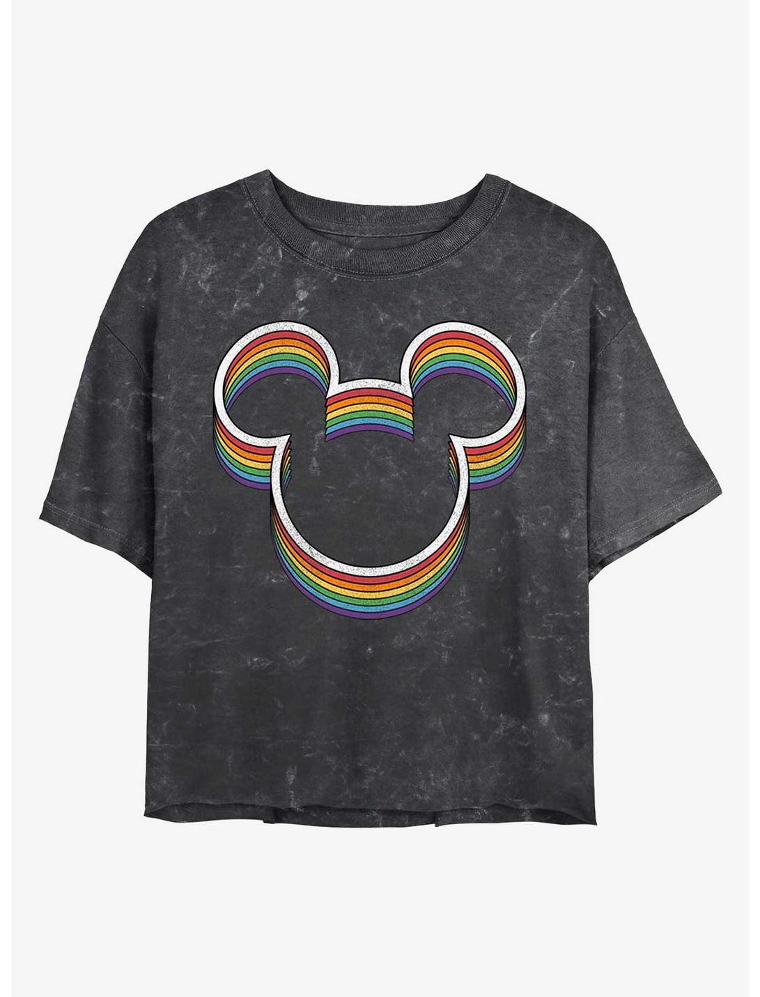 Disney Mickey Mouse Rainbow Ears Mineral Wash Crop Womens T-Shirt, BLACK, hi-res