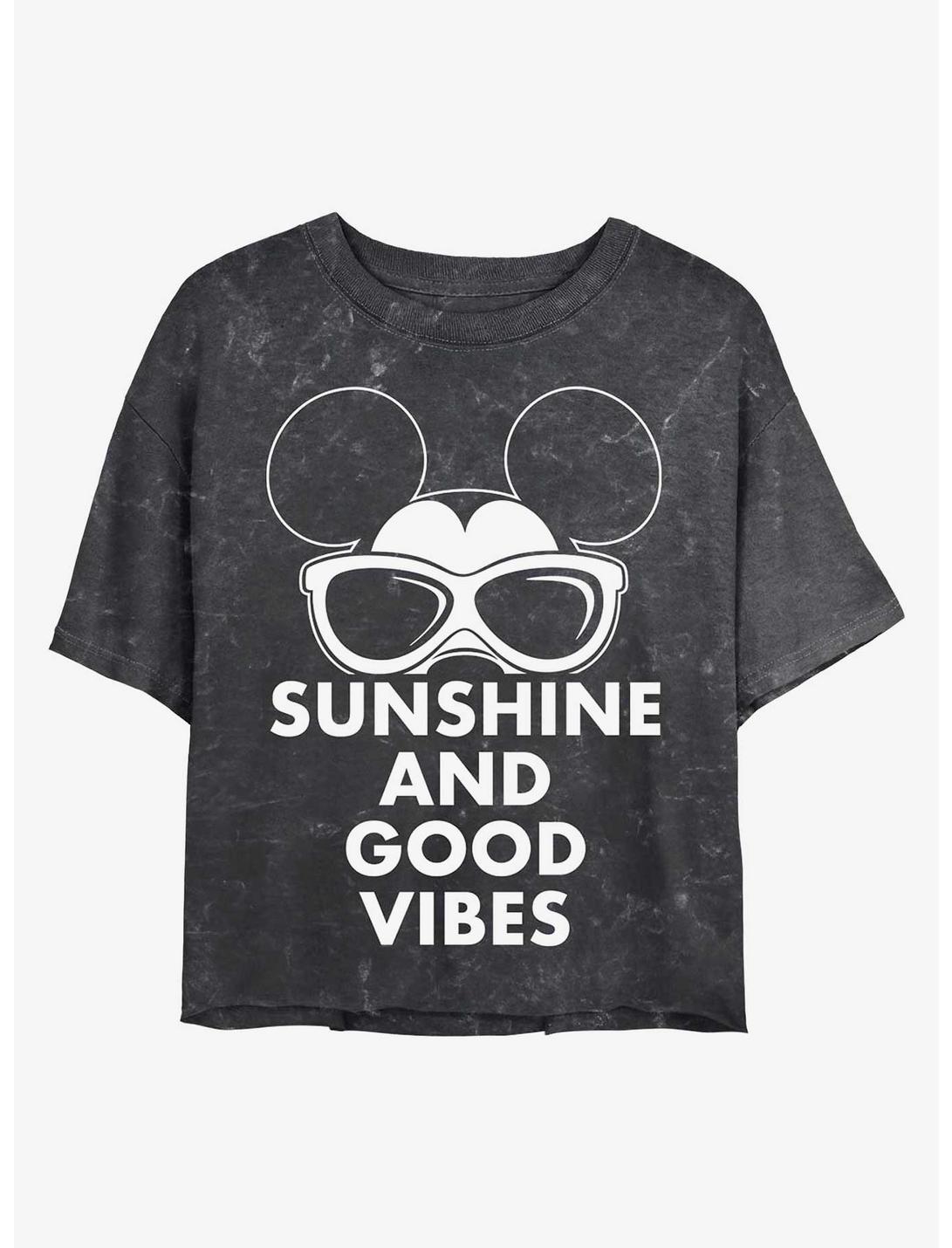 Disney Mickey Mouse Sunshine and Good Vibes Mineral Wash Crop Womens T-Shirt, BLACK, hi-res