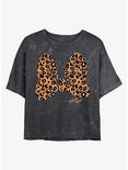 Disney Minnie Mouse Animal Print Bow Mineral Wash Crop Womens T-Shirt, BLACK, hi-res