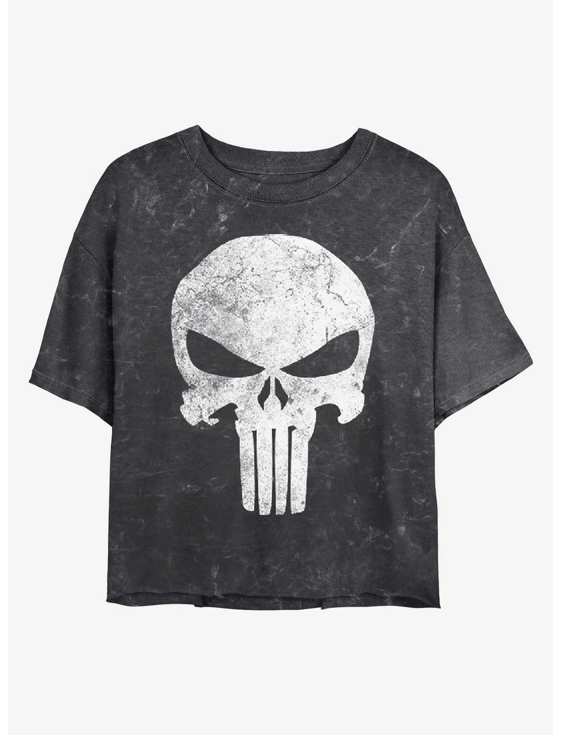 Marvel Distress Skull Mineral Wash Crop Womens T-Shirt, BLACK, hi-res