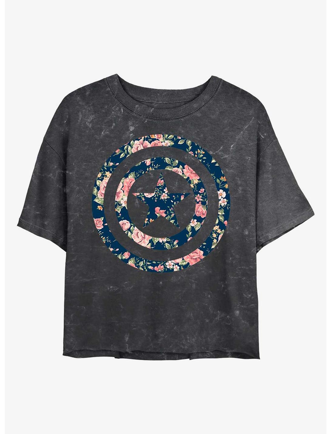 Marvel Floral Shield Mineral Wash Crop Womens T-Shirt, BLACK, hi-res