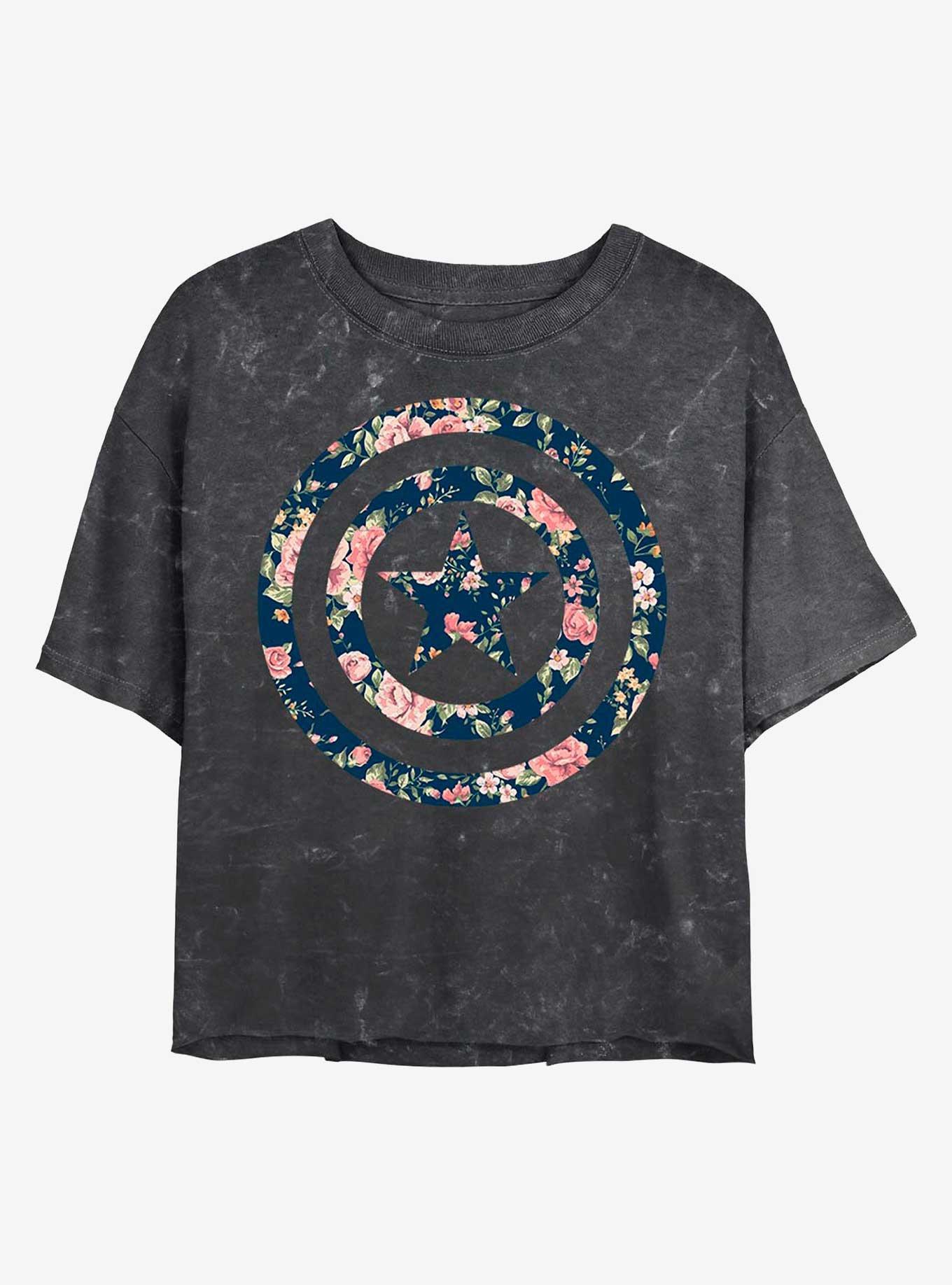 Marvel Floral Shield Mineral Wash Crop Womens T-Shirt, , hi-res