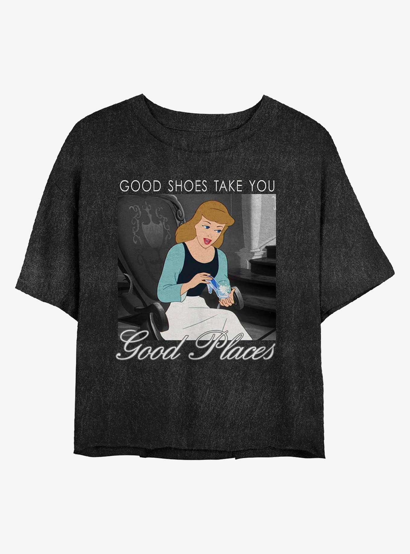Disney Cinderella Good Shoes Take You Good Places Mineral Wash Crop Womens T-Shirt, BLACK, hi-res