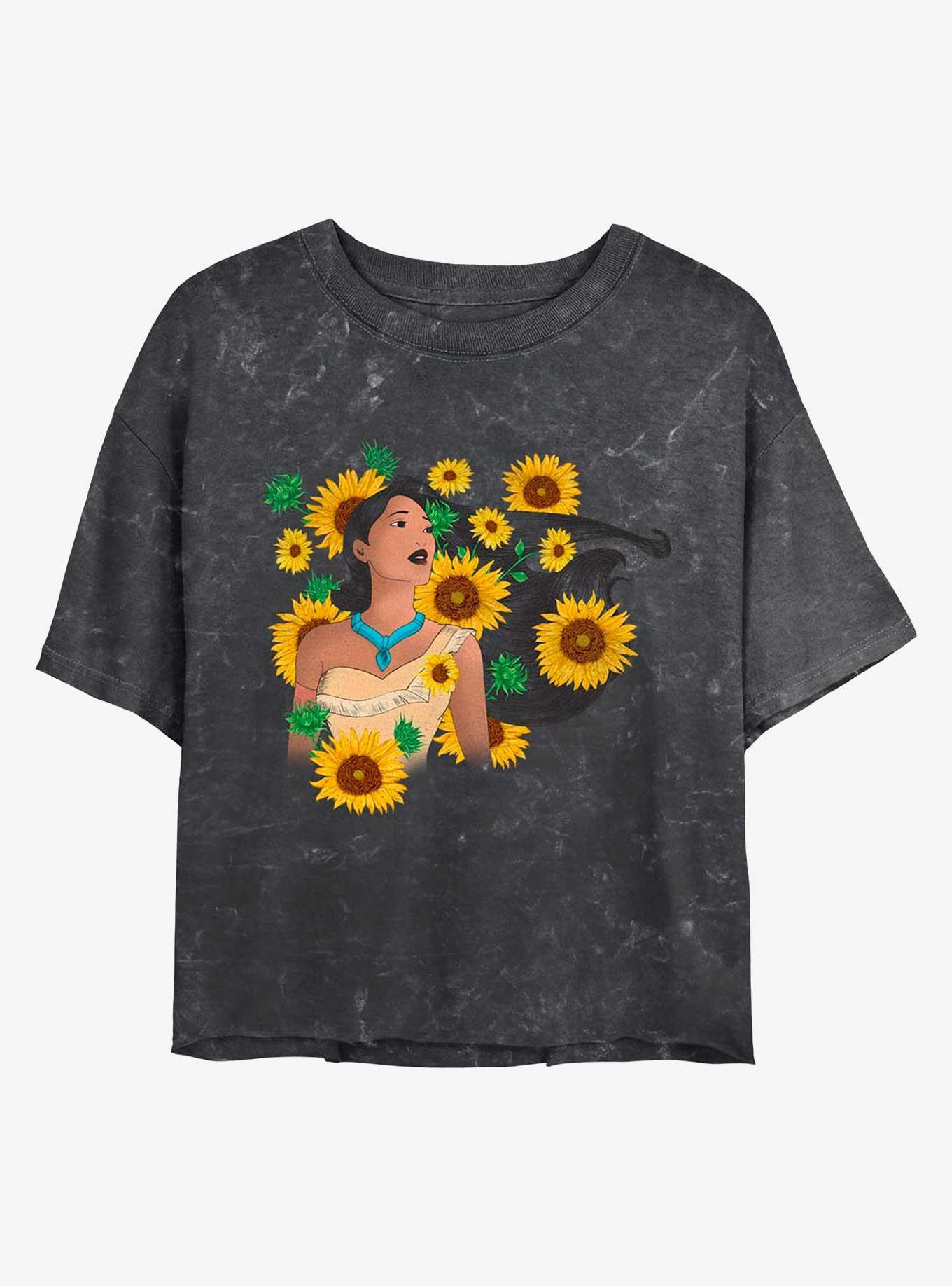 Disney Pocahontas Floral Princess Mineral Wash Crop Womens T-Shirt, BLACK, hi-res