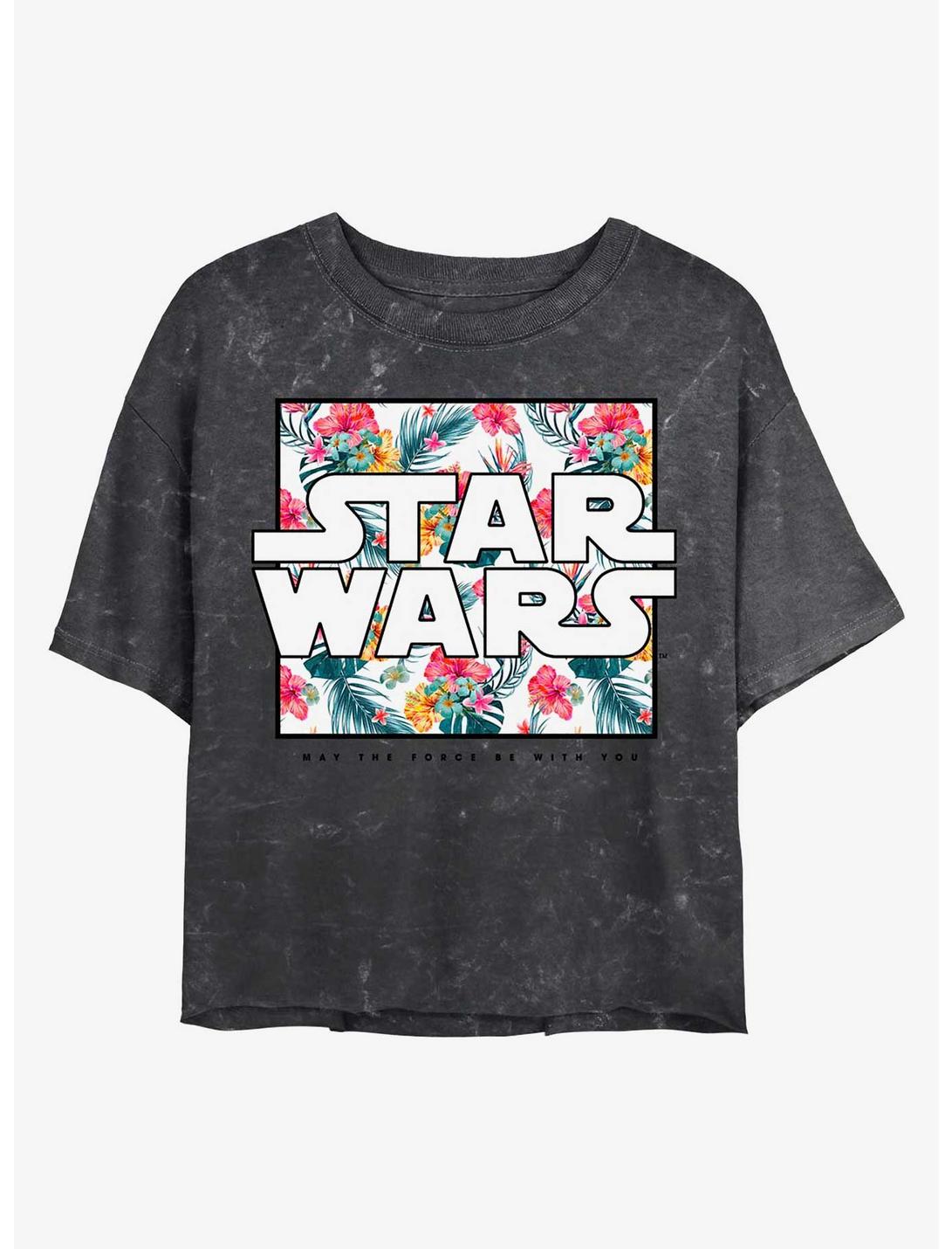 Star Wars Floral Box Logo Mineral Wash Crop Womens T-Shirt, BLACK, hi-res