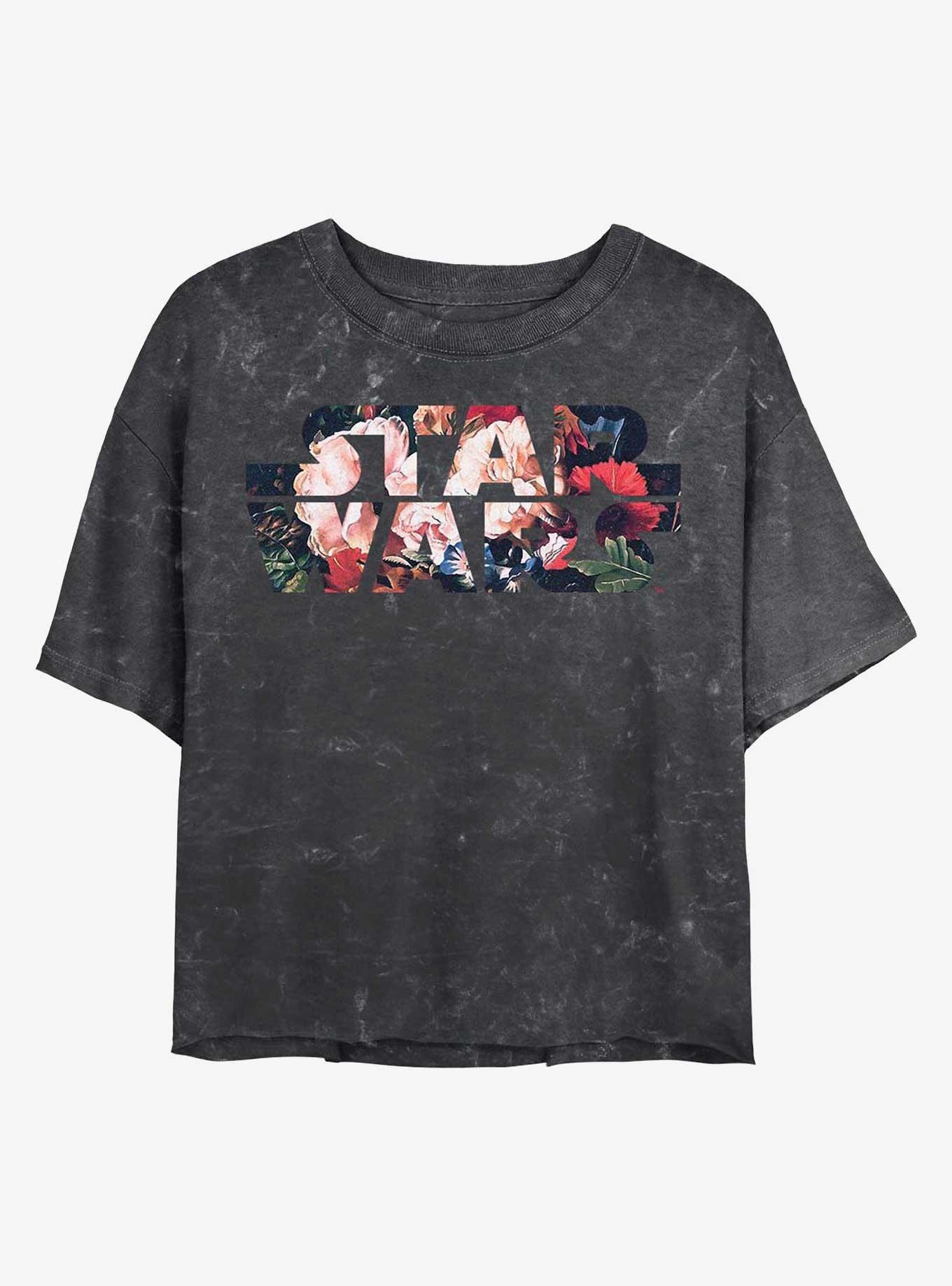 Star Wars Floral Logo Mineral Wash Crop Womens T-Shirt, BLACK, hi-res