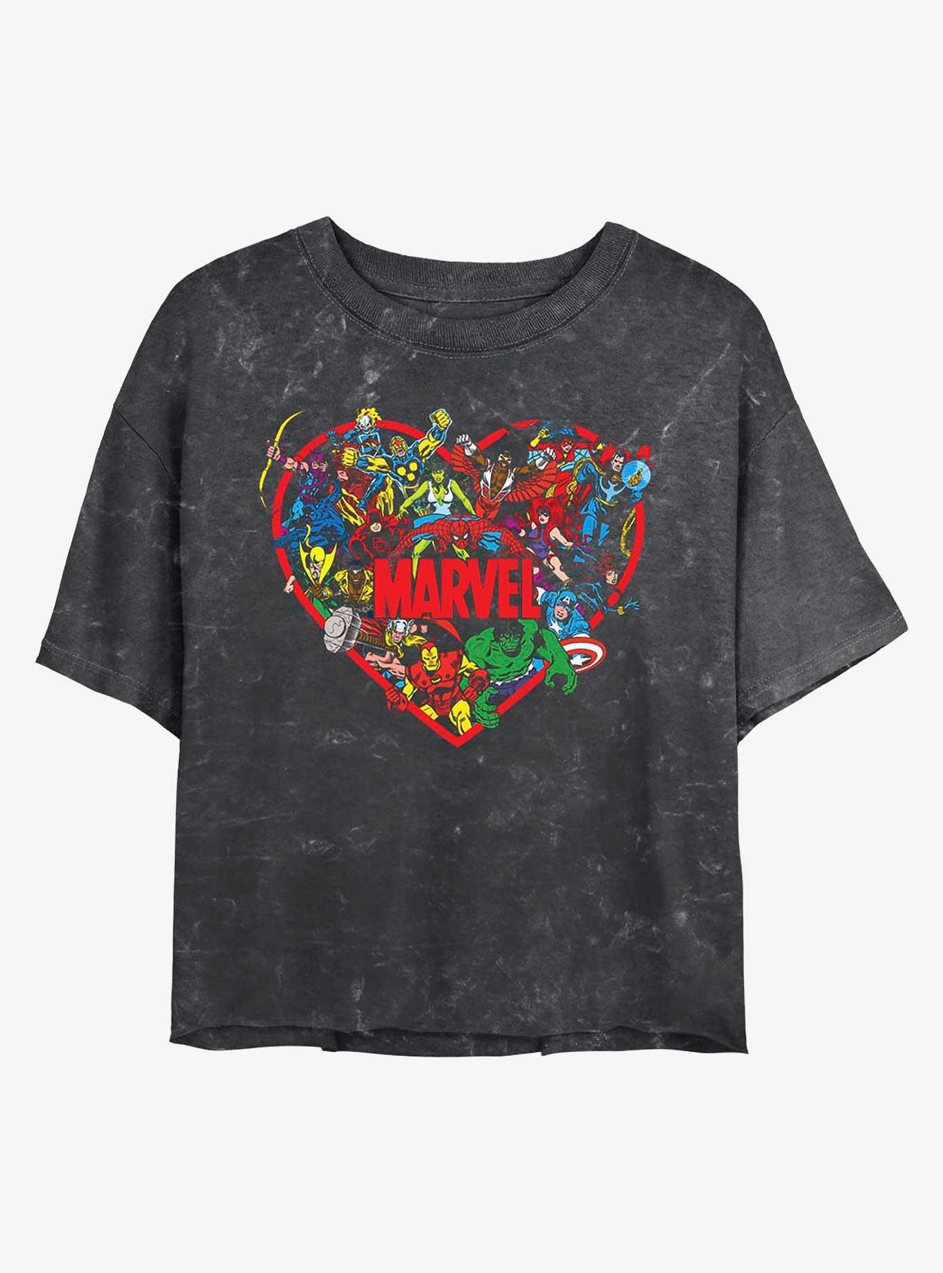 Marvel Avengers Hero Heart Mineral Wash Crop Womens T-Shirt, BLACK, hi-res