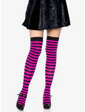 Black And Neon Pink Nylon Over-The-Knee Stocking With Stripes, , hi-res