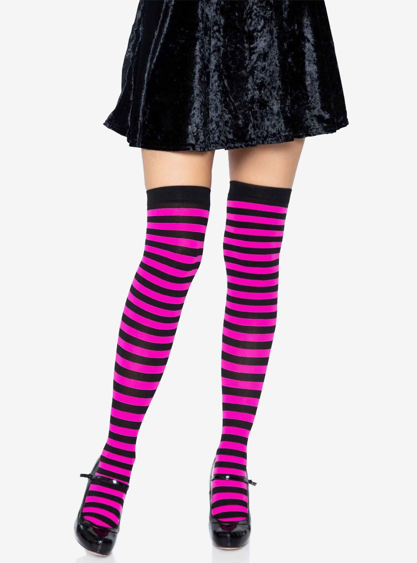 Black And Neon Pink Nylon Over-The-Knee Stocking With Stripes, , hi-res