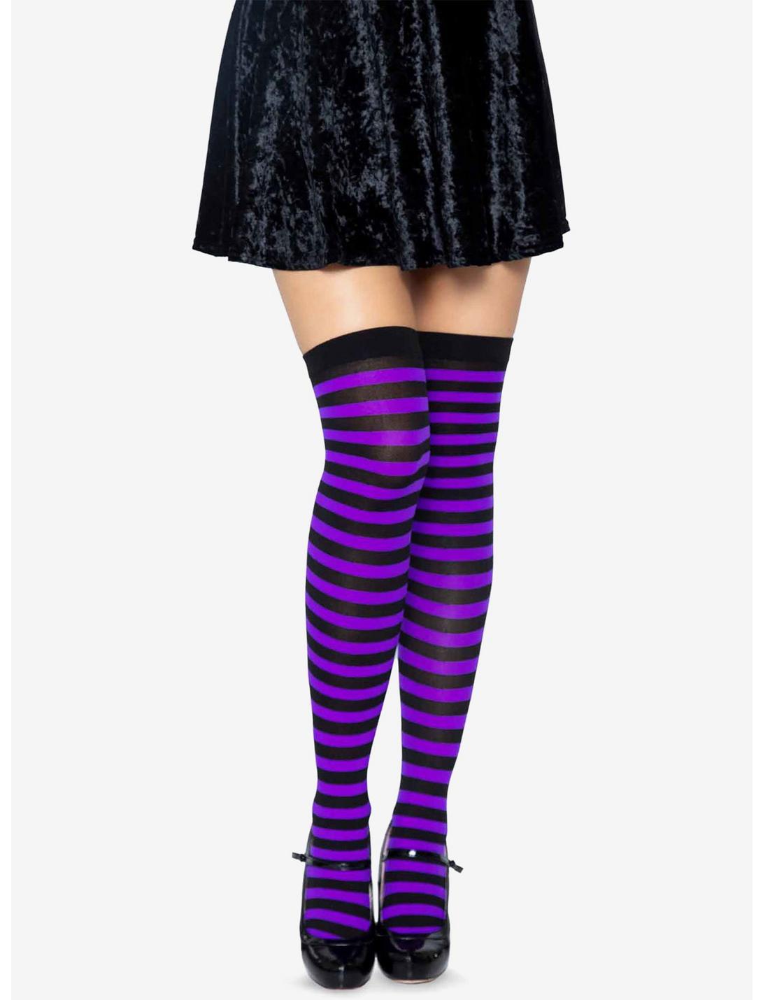 Black And Purple Nylon Over-The-Knee Stocking With Stripes, , hi-res
