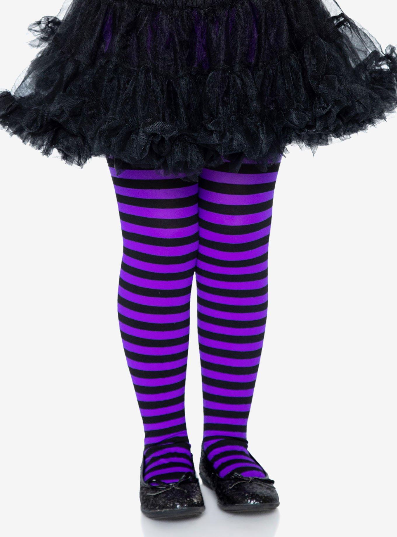 Black And Purple Youth Stripe Tights, BLACK  PURPLE, hi-res