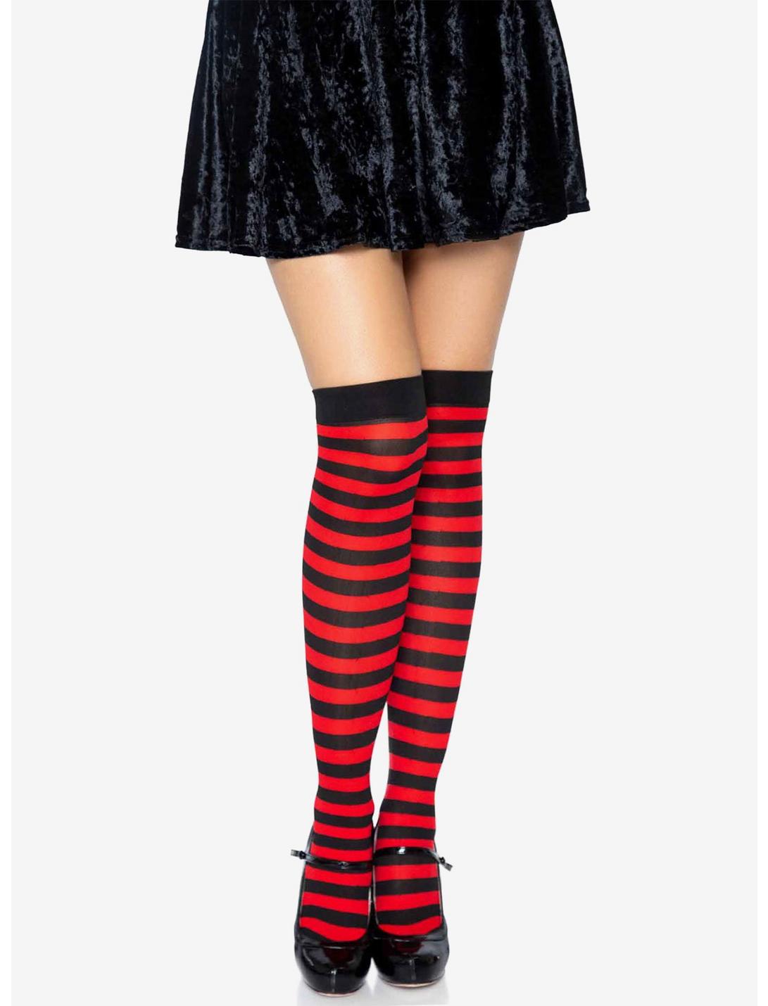 Black And Red Nylon Over-The-Knee Stocking With Stripes, , hi-res
