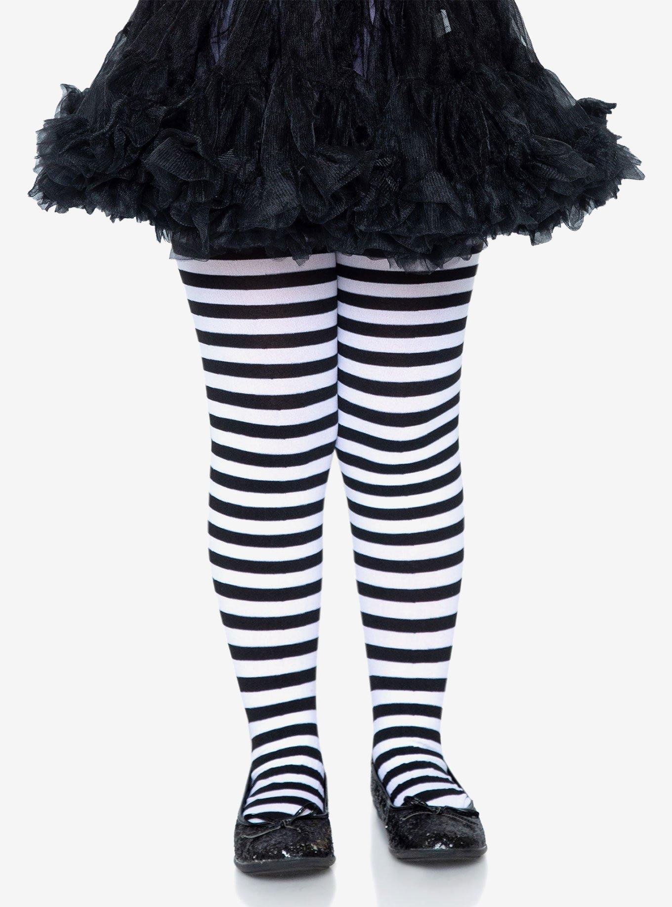 Black And White Youth Stripe Tights, BLACK  WHITE, hi-res