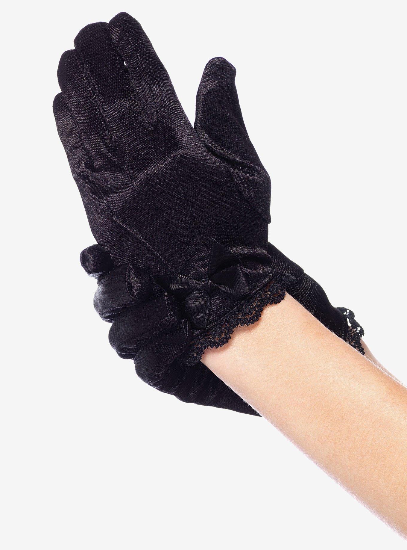 Black Lace Trimmed Satin Youth Gloves With Bow Accent, , hi-res