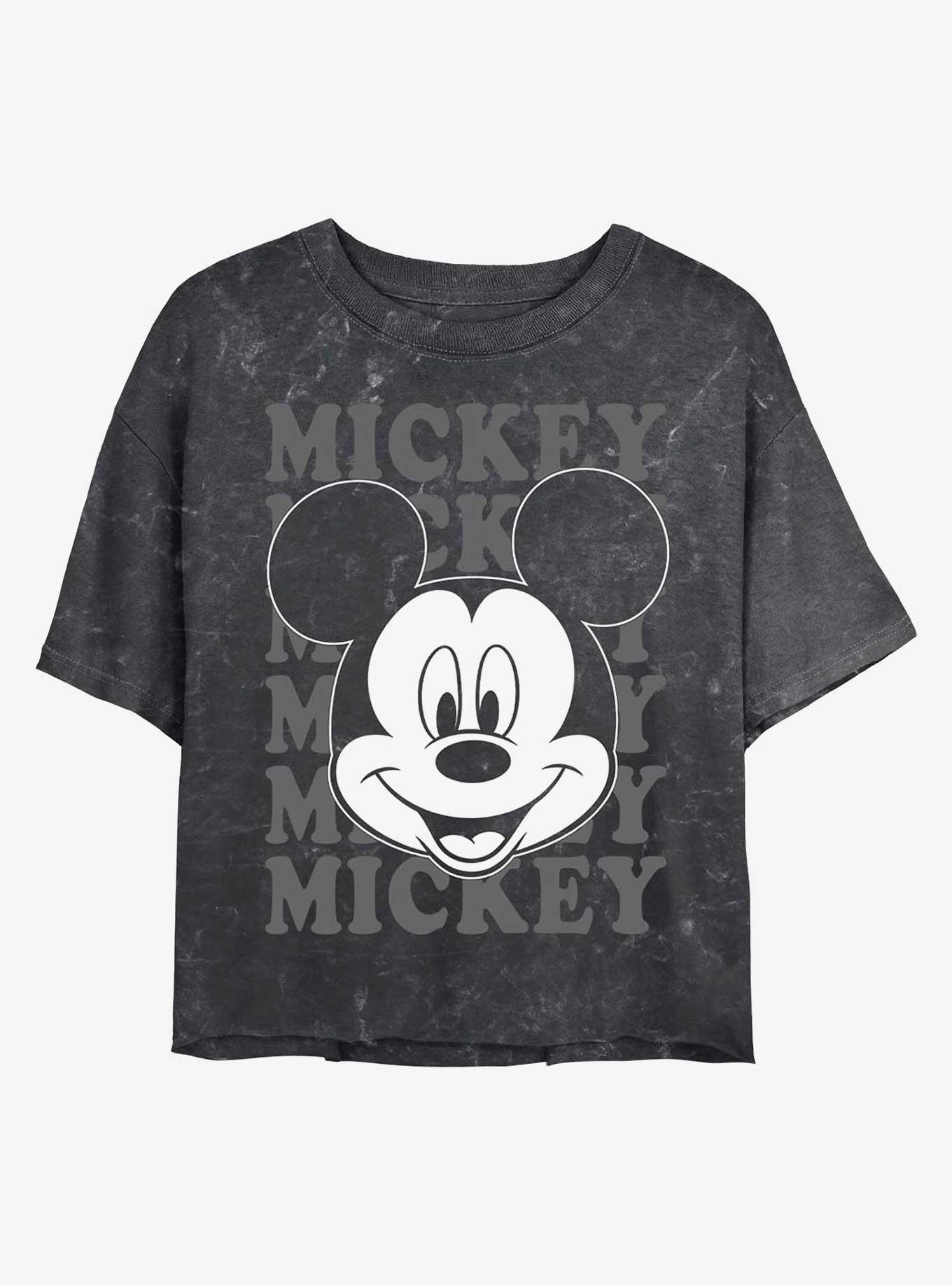Disney Mickey Mouse Big Face Mineral Wash Crop Womens T-Shirt, BLACK, hi-res
