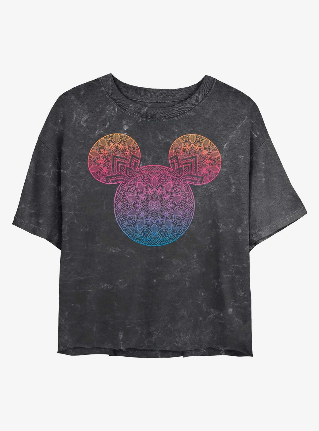 Disney Mickey Mouse Mickey Mandala Fill Mineral Wash Crop Womens T-Shirt, BLACK, hi-res