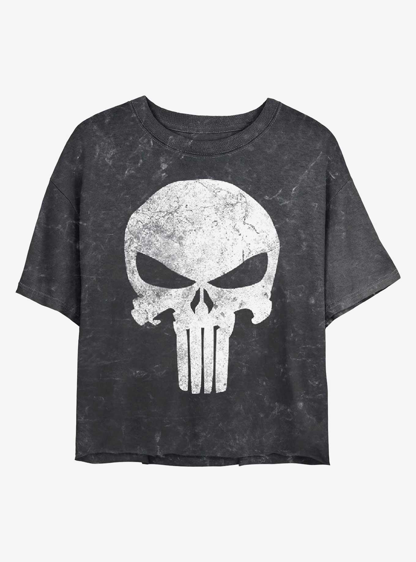 Marvel Distress Skull Mineral Wash Crop Womens T-Shirt, BLACK, hi-res
