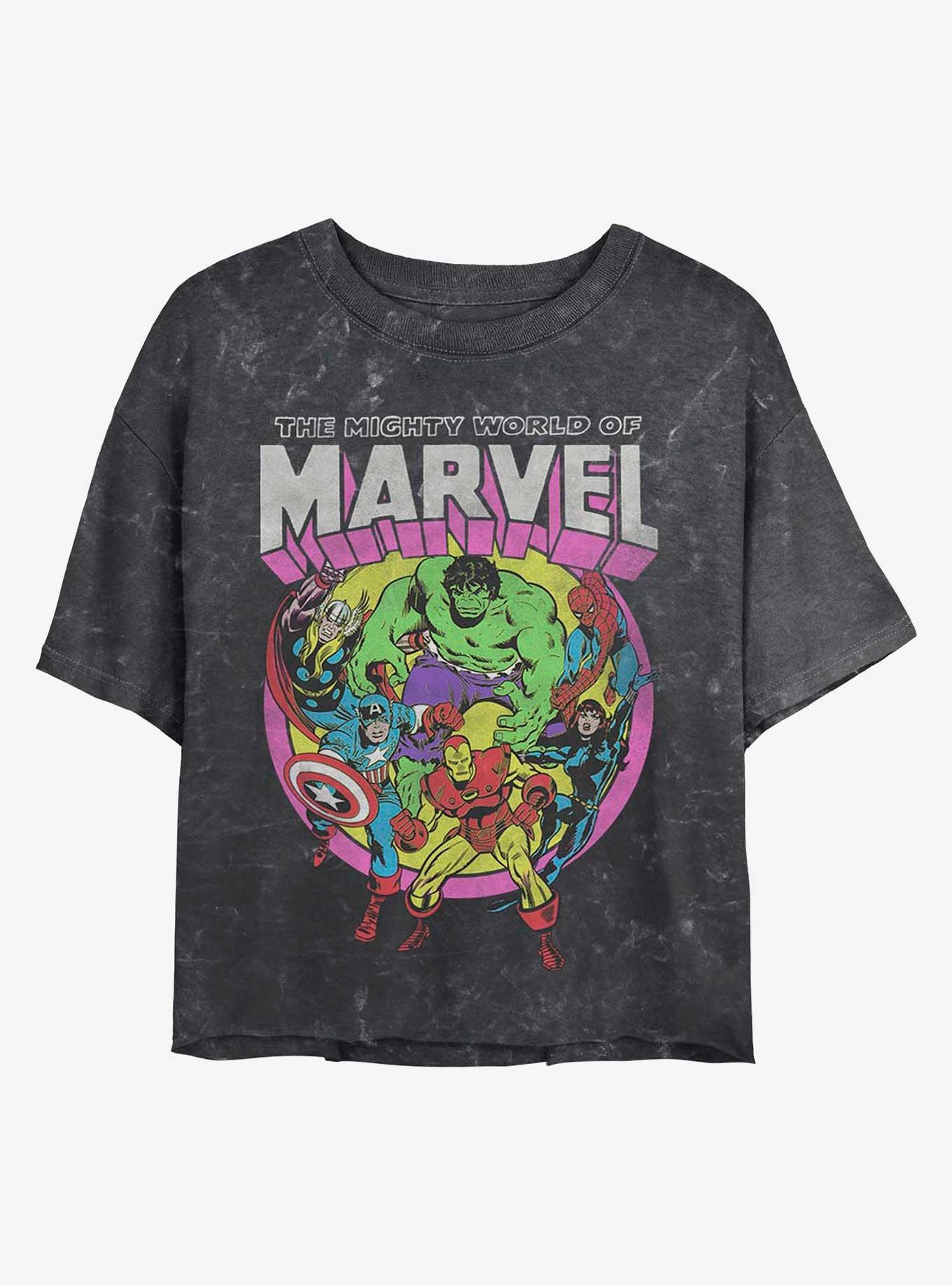 Marvel Group Mineral Wash Crop Womens T-Shirt, BLACK, hi-res