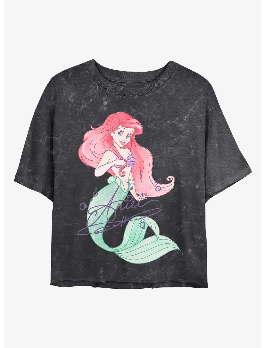Disney The Little Mermaid Signed Ariel Mineral Wash Crop Womens T-Shirt, BLACK, hi-res