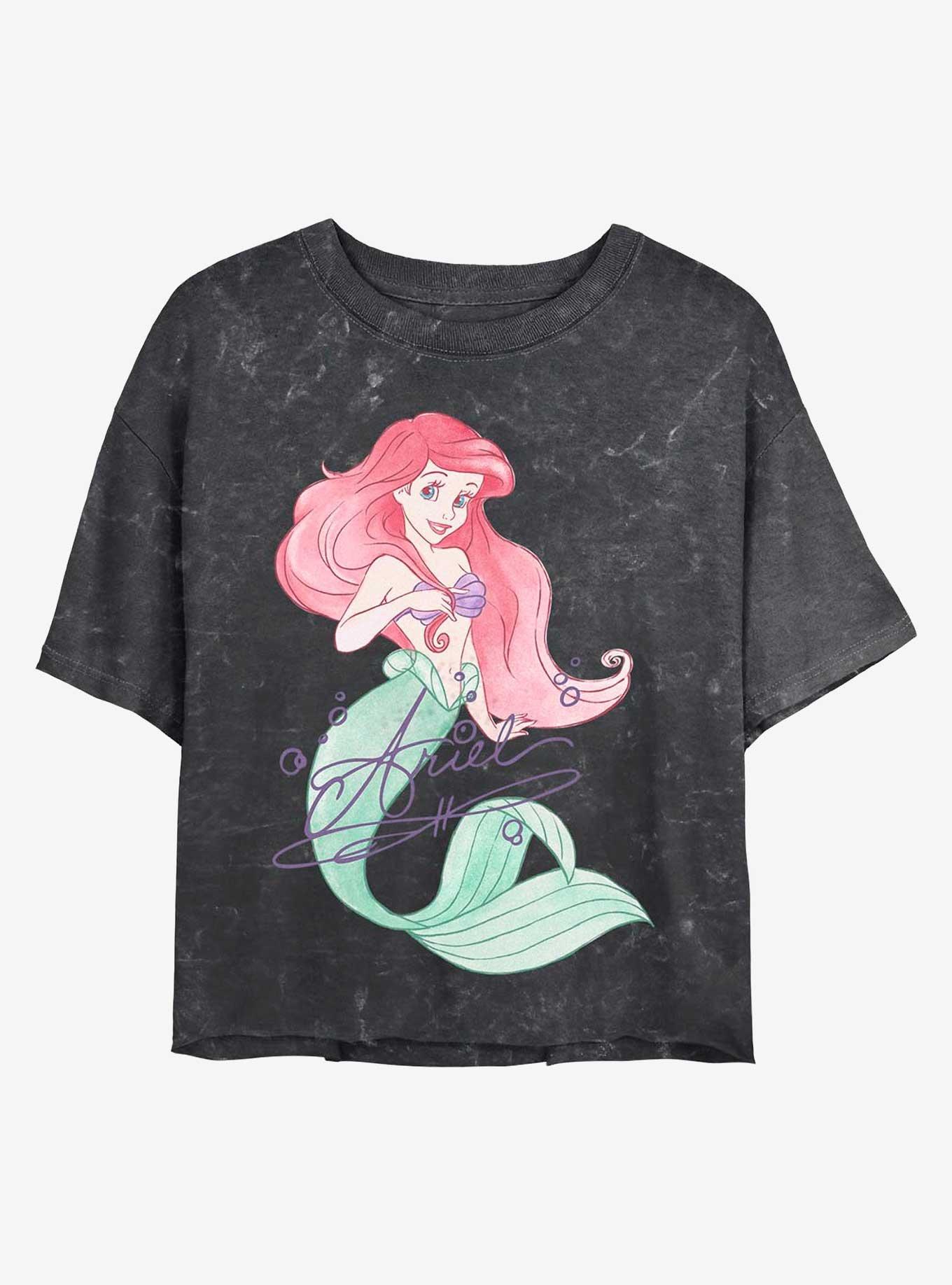 Disney The Little Mermaid Signed Ariel Mineral Wash Crop Womens T-Shirt, BLACK, hi-res