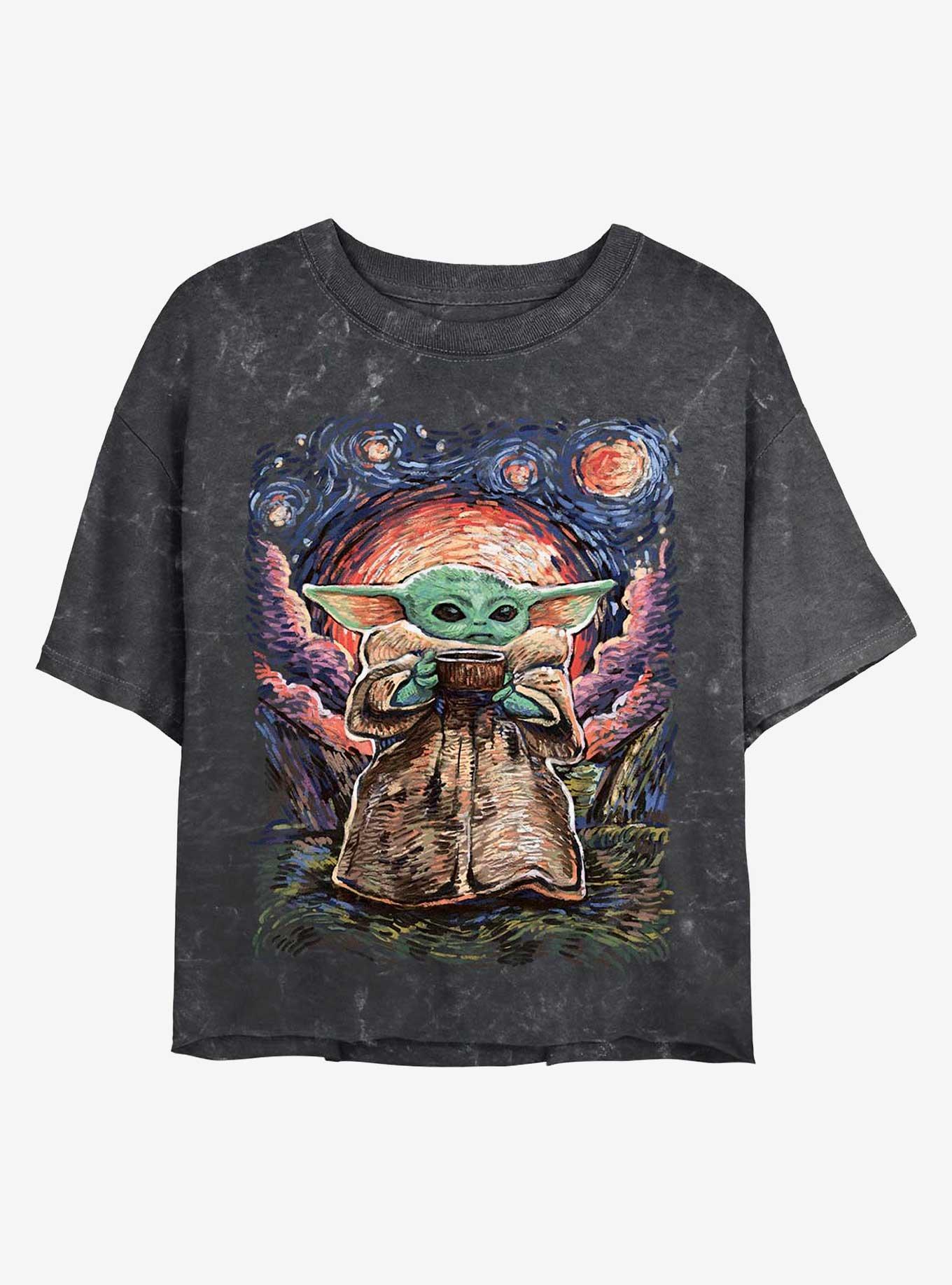 Star Wars The Mandalorian Sipping Starries Mineral Wash Crop Womens T-Shirt, BLACK, hi-res