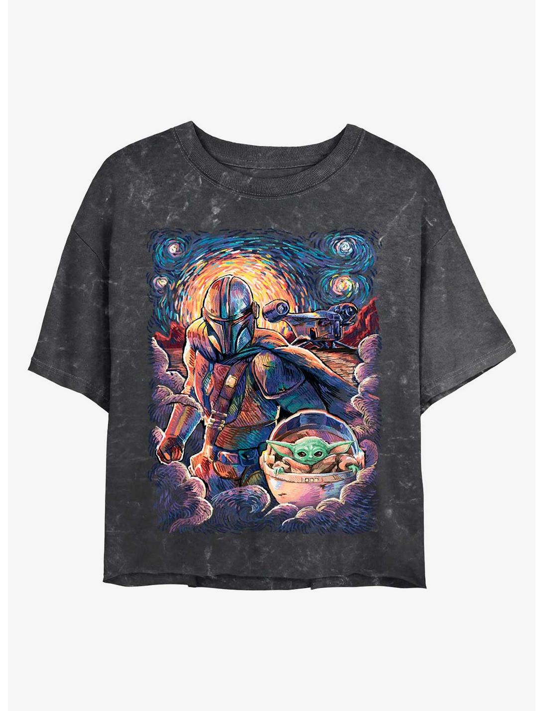 Star Wars The Mandalorian Starry Squad Mando and Child Mineral Wash Crop Womens T-Shirt, BLACK, hi-res