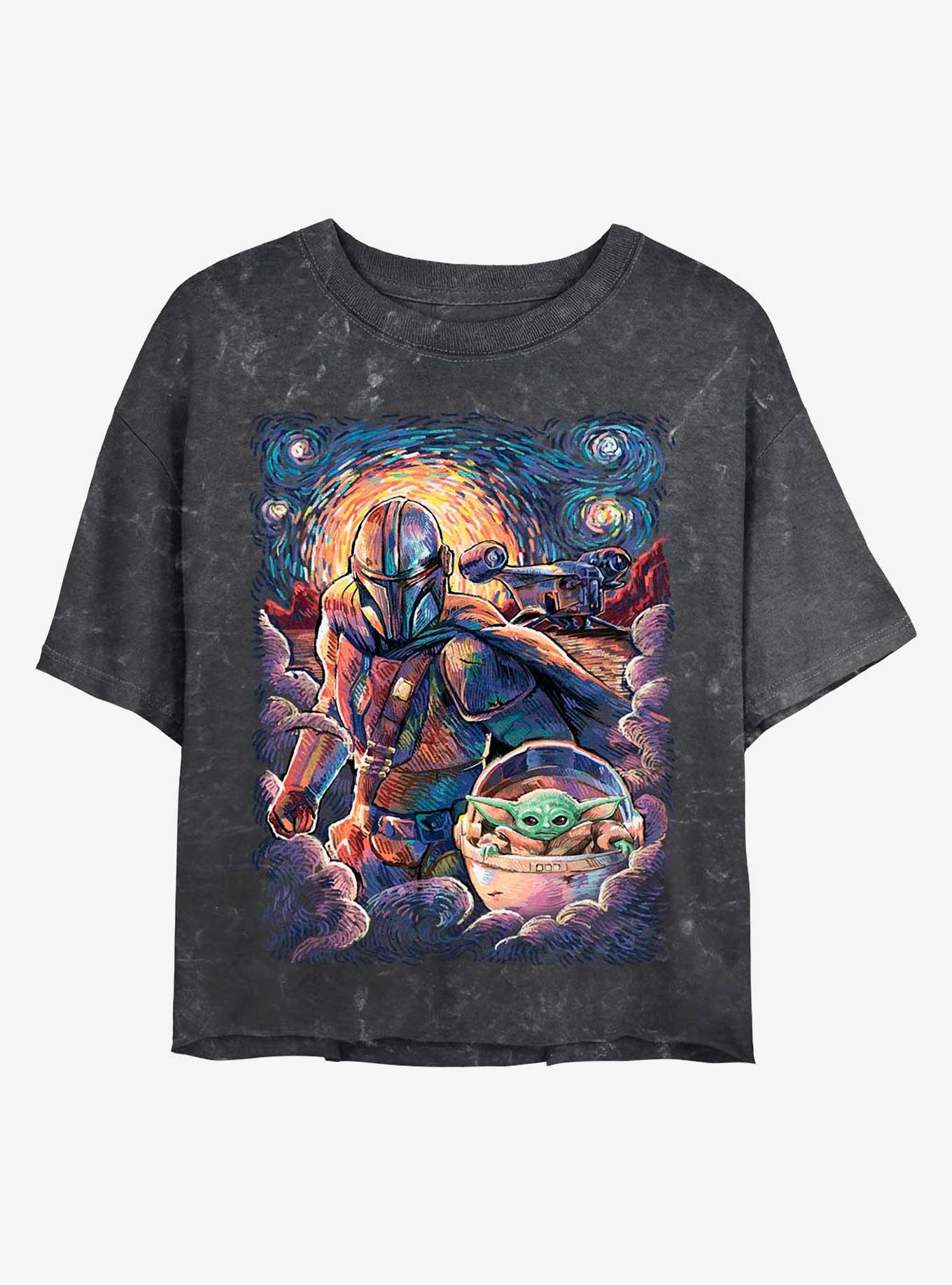 Star Wars The Mandalorian Starry Squad Mando and Child Mineral Wash Crop Womens T-Shirt, BLACK, hi-res