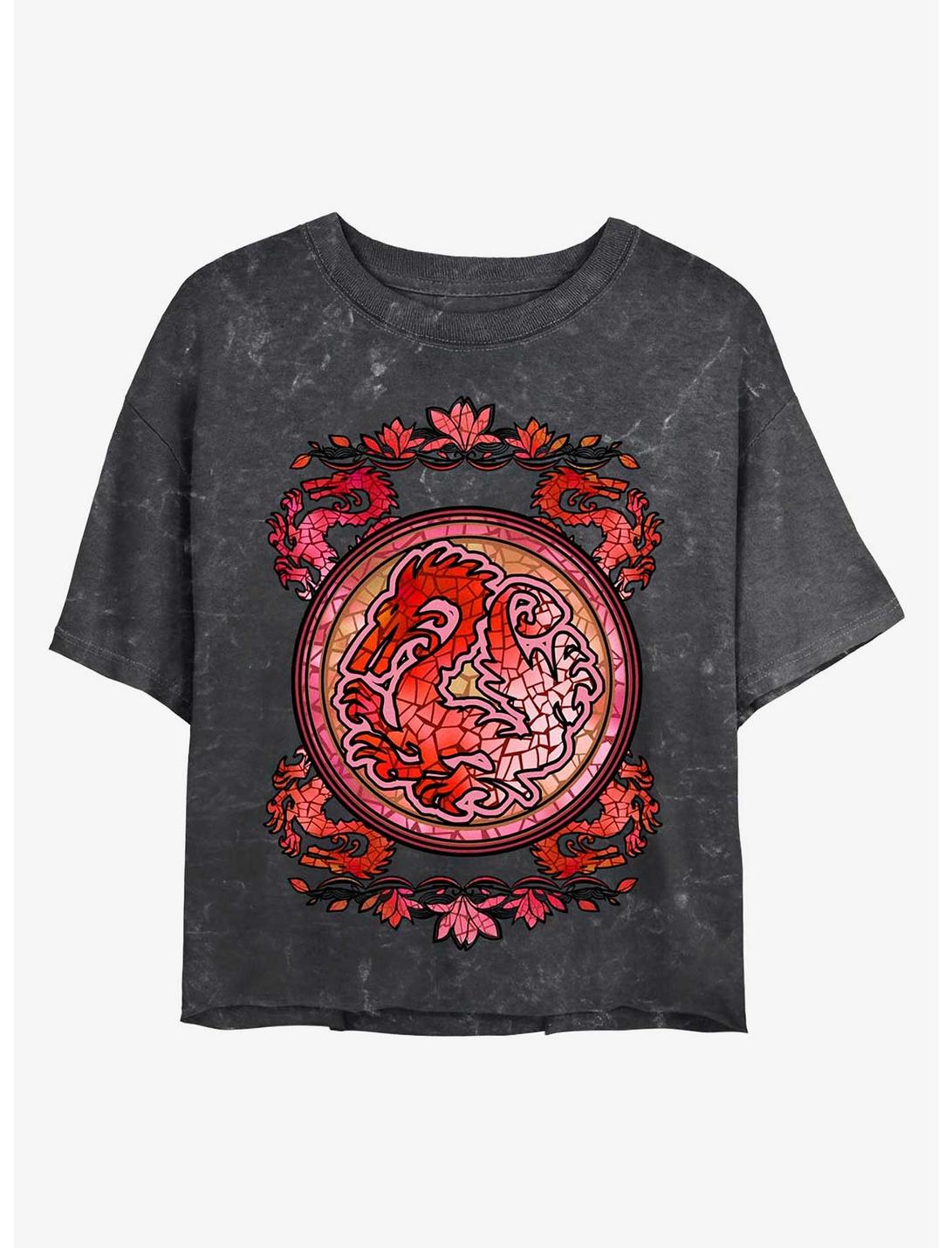 Disney Mulan Mushu Stained Glass Mineral Wash Crop Womens T-Shirt, BLACK, hi-res
