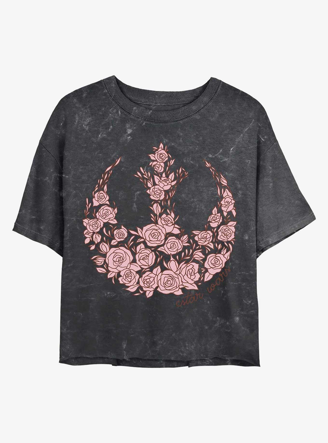 Star Wars Rose Rebel Symbol Mineral Wash Crop Womens T-Shirt, BLACK, hi-res
