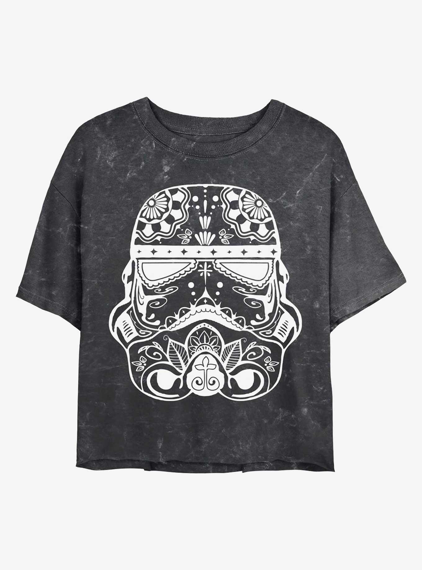 Star Wars Sugar Skull Trooper Mineral Wash Crop Womens T-Shirt, BLACK, hi-res