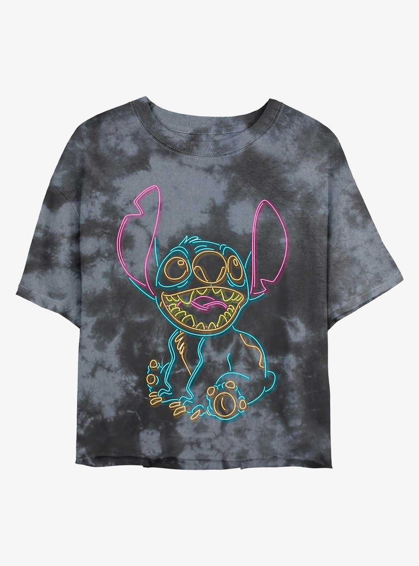 Disney Lilo & Stitch Line Art Neon Stitch Tie-Dye Girls Crop T-Shirt, BLKCHAR, hi-res