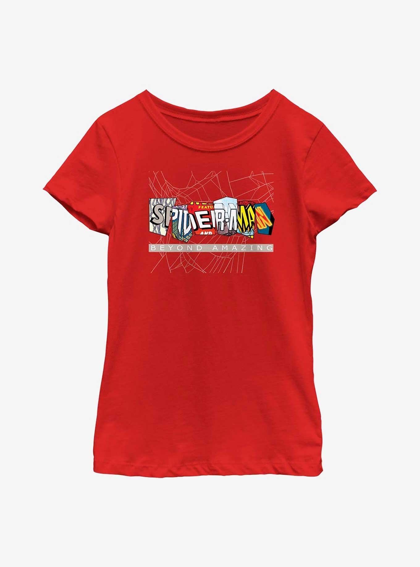 Marvel Spider-Man Beyond Amazing Comic Clippings Logo Youth Girls T-Shirt, RED, hi-res