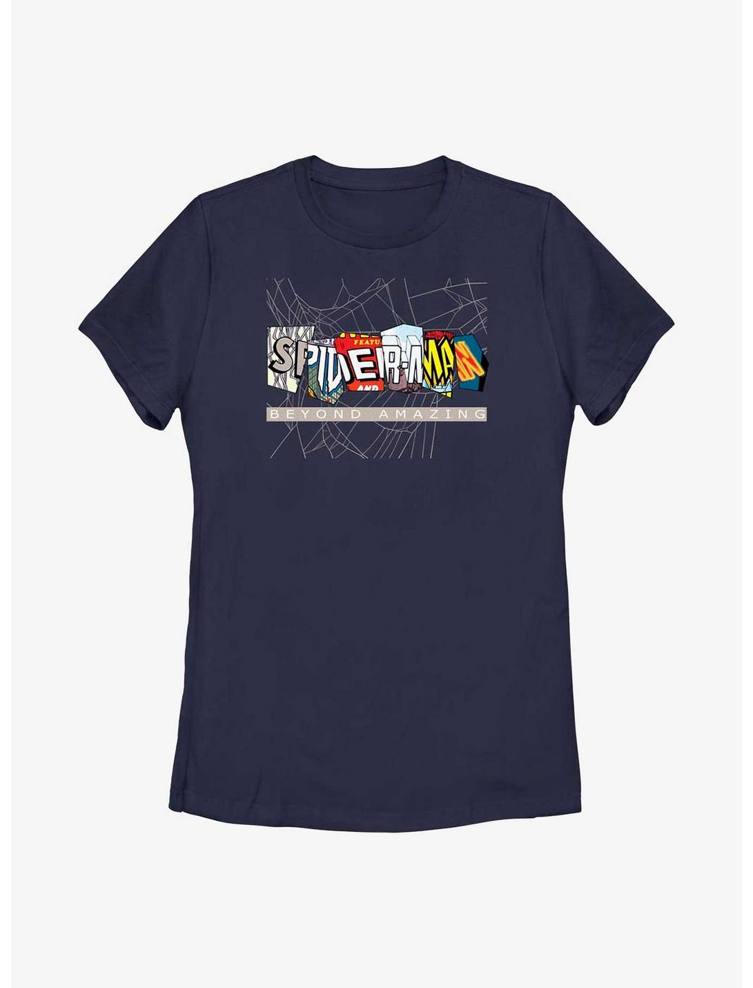 Marvel Spider-Man Beyond Amazing Comic Clippings Logo Womens T-Shirt, NAVY, hi-res