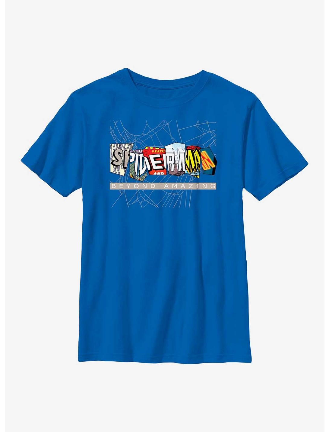 Marvel Spider-Man Beyond Amazing Comic Clippings Logo Youth T-Shirt, ROYAL, hi-res