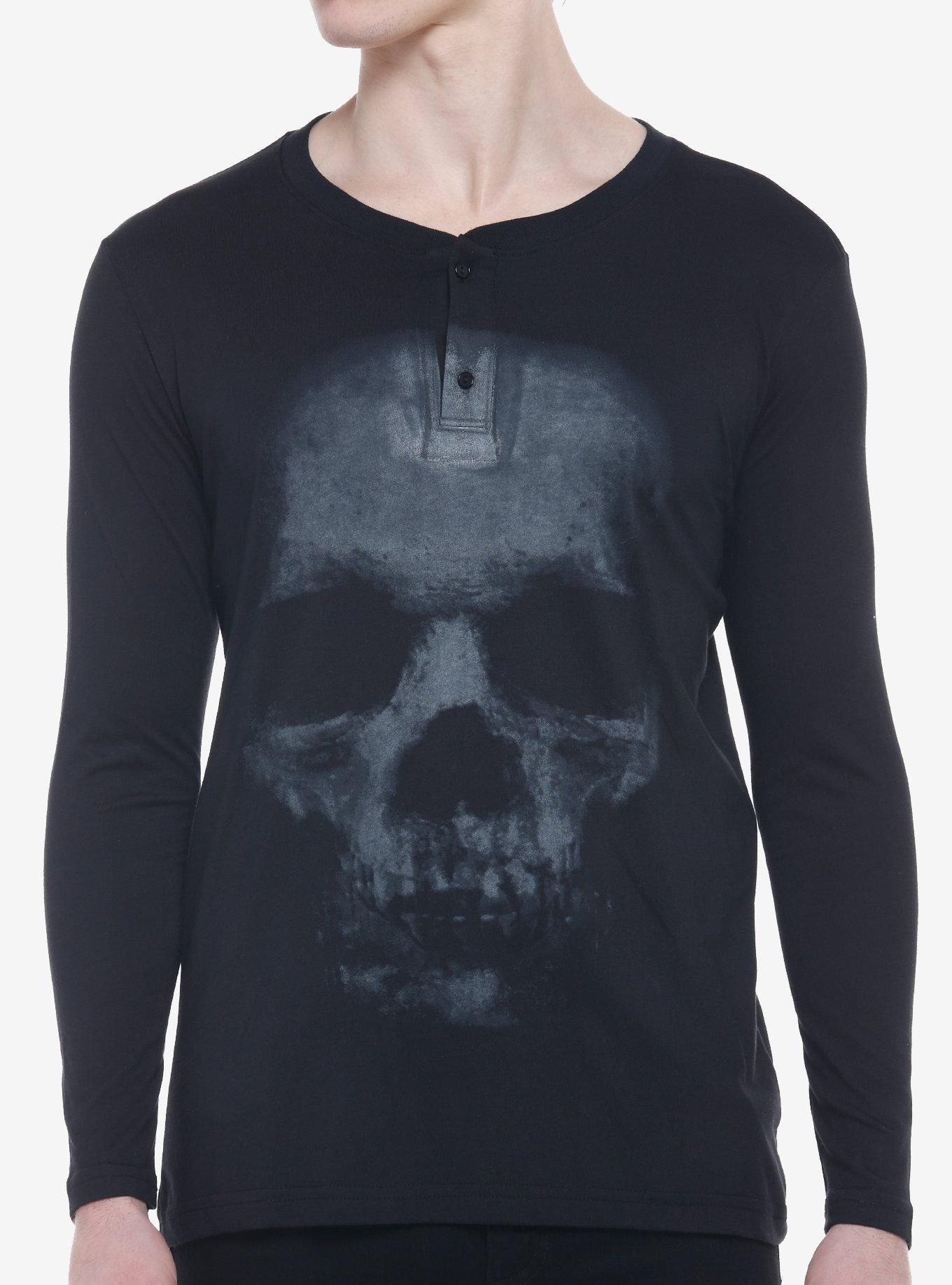 Grunge Faded Skull Henley Long-Sleeve T-Shirt, BLACK, hi-res