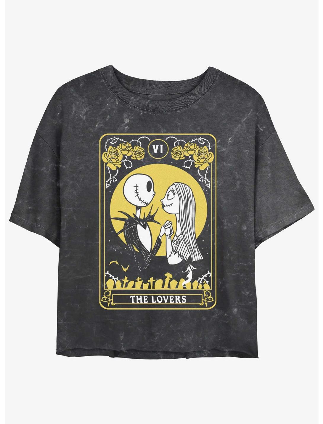 Disney The Nightmare Before Christmas The Lovers Tarot Card Mineral Wash Womens Crop T-Shirt, BLACK, hi-res