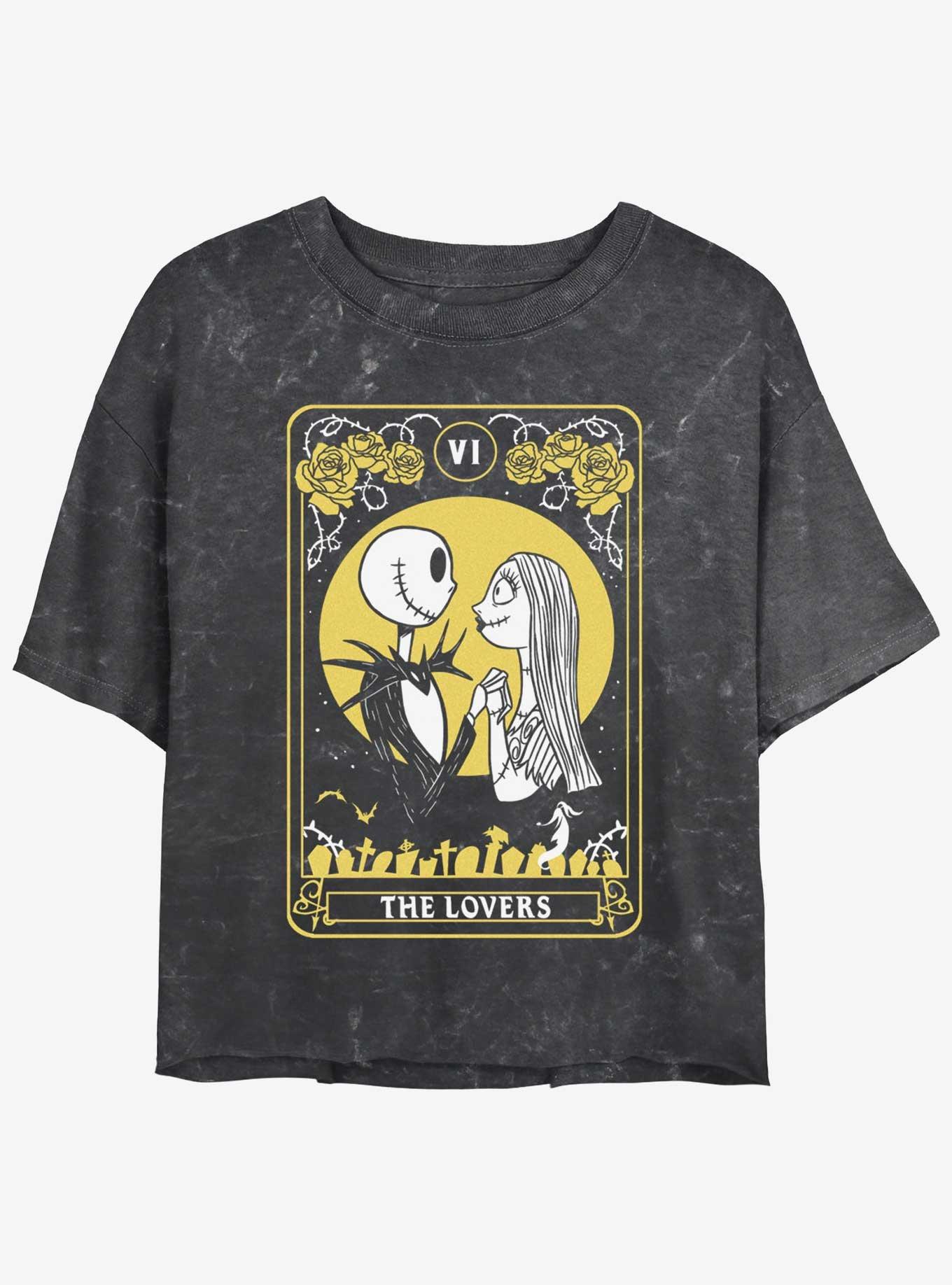 Disney The Nightmare Before Christmas The Lovers Tarot Card Mineral Wash Womens Crop T-Shirt, BLACK, hi-res