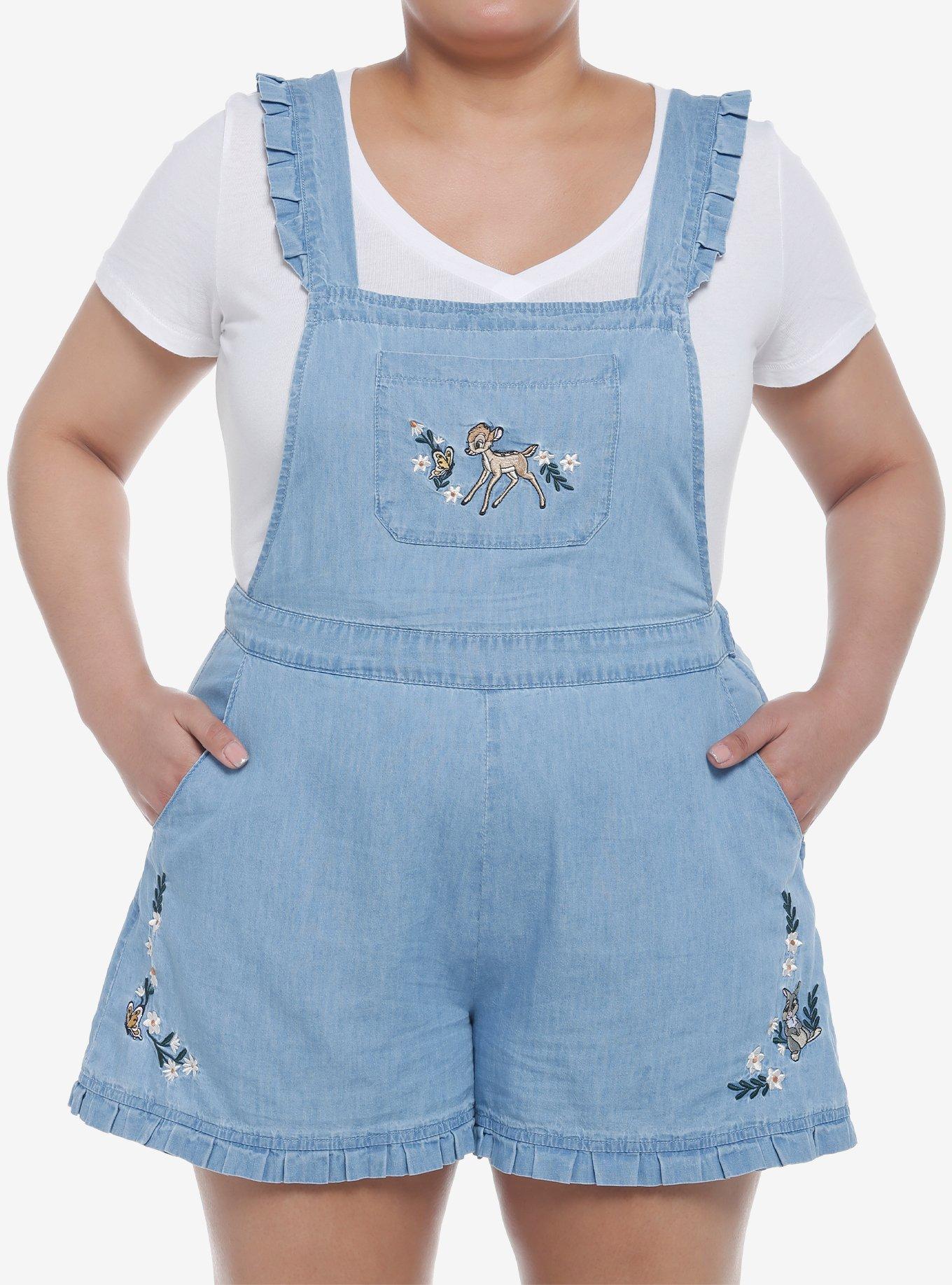 Disney Bambi Ruffle Denim Shortalls Plus Size, LIGHT WASH, hi-res