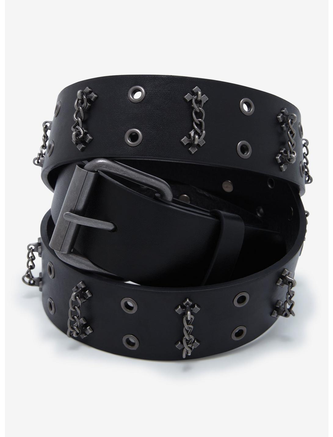 Black & Hematite Cross Chain Grommet Belt, SILVER, hi-res