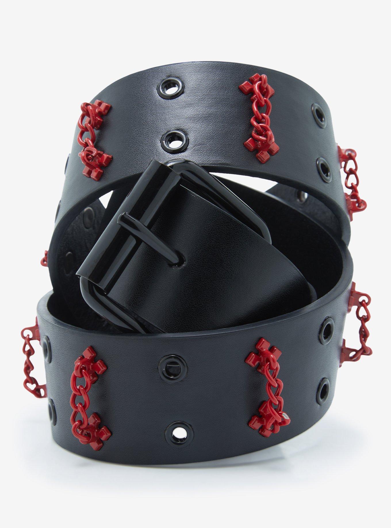 Red & Black Cross Chain Grommet Belt, RED, hi-res