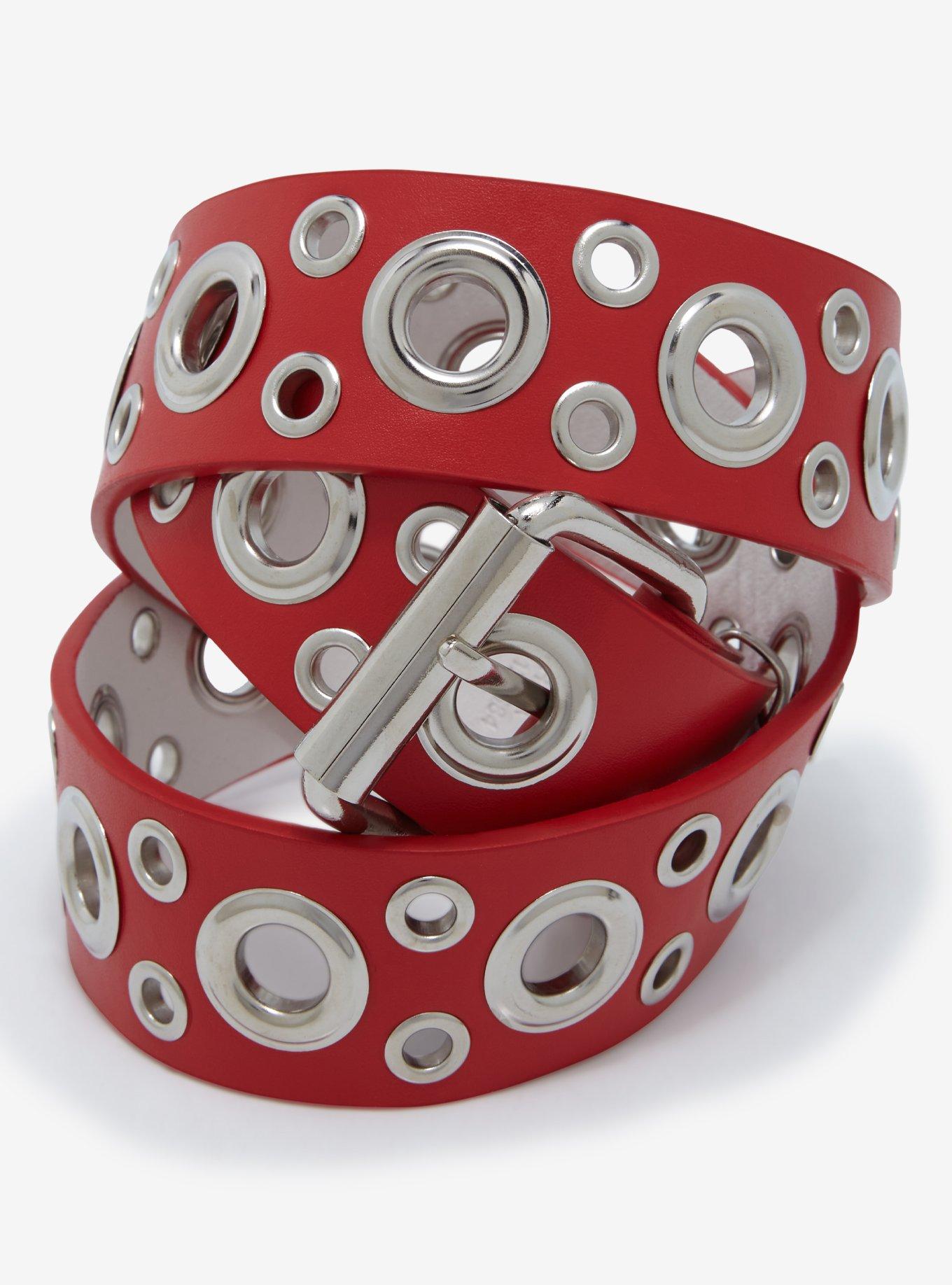 Red & Silver Grommet Belt, SILVER, hi-res