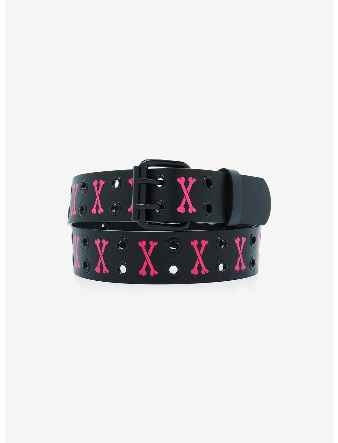 Pink Crossbones Grommet Belt, BLACK, hi-res