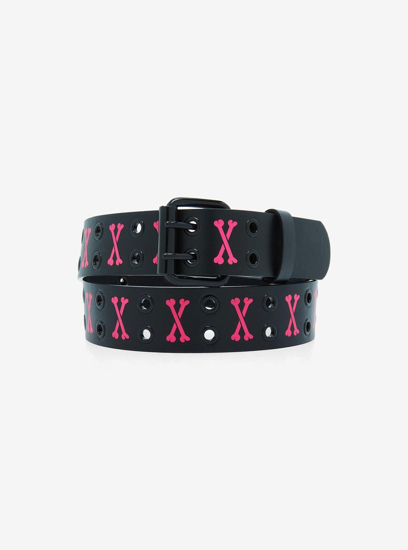 Pink Crossbones Grommet Belt, BLACK, hi-res