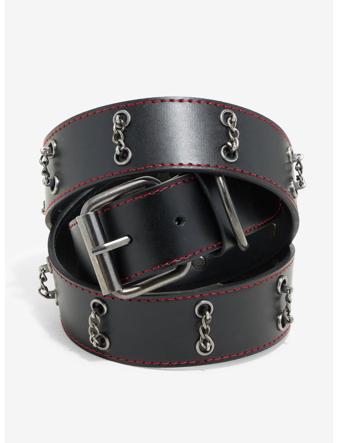 Black & Red Chain Grommet Belt, RED, hi-res