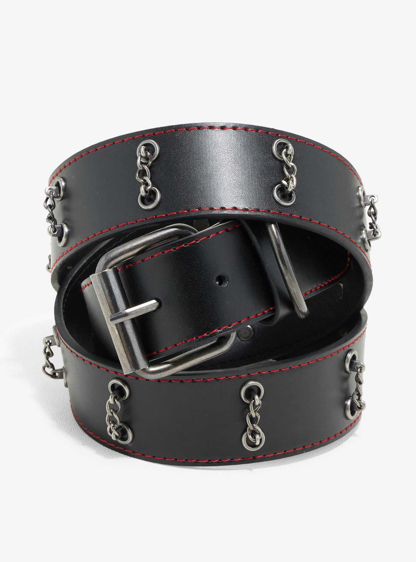 Black & Red Chain Grommet Belt, , hi-res