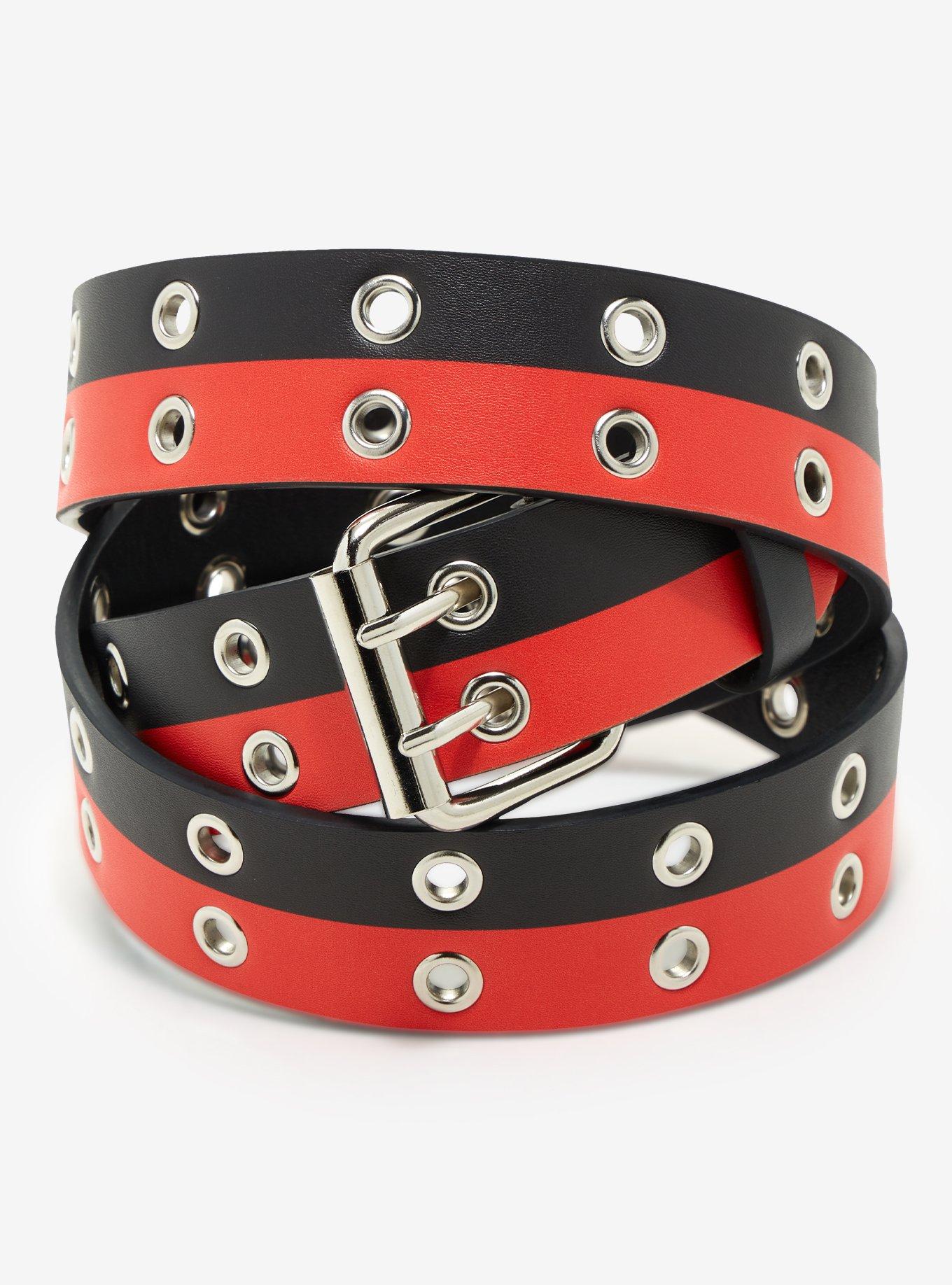 Black & Red Split Grommet Belt, RED, hi-res