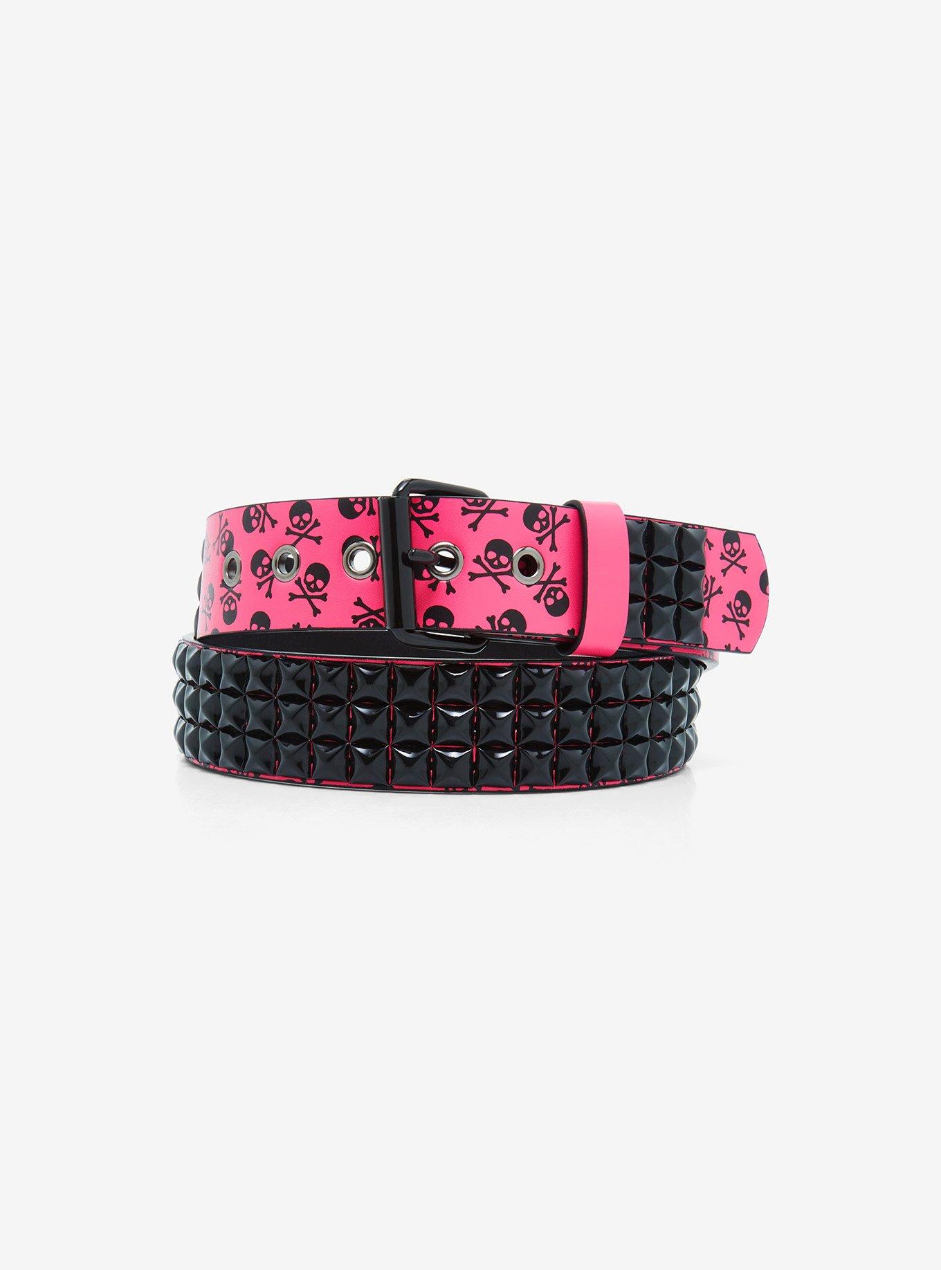Pink & Black Skull & Crossbones Three Row Pyramid Stud Belt, BLACK, hi-res
