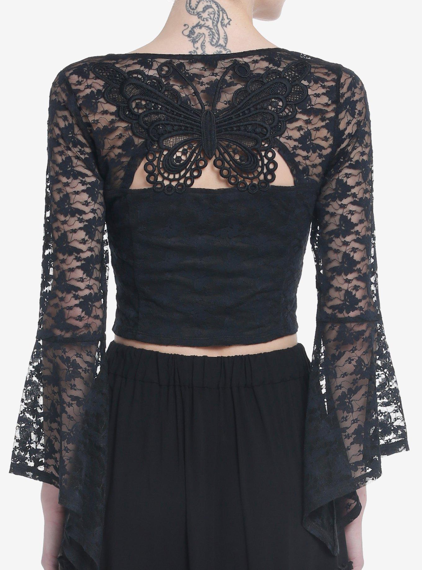 Cosmic Aura Black Butterfly Lace Girls Bell Sleeve Top, BLACK, hi-res