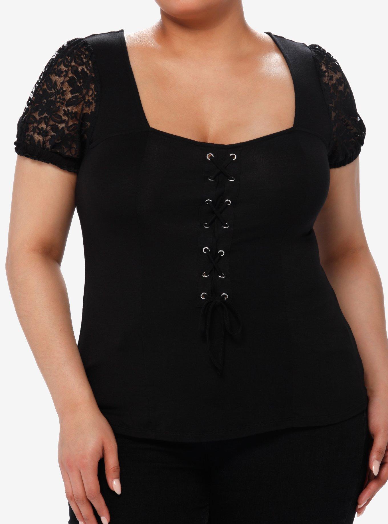 Cosmic Aura Black Lace-Up Girls Top Plus Size, BLACK, hi-res