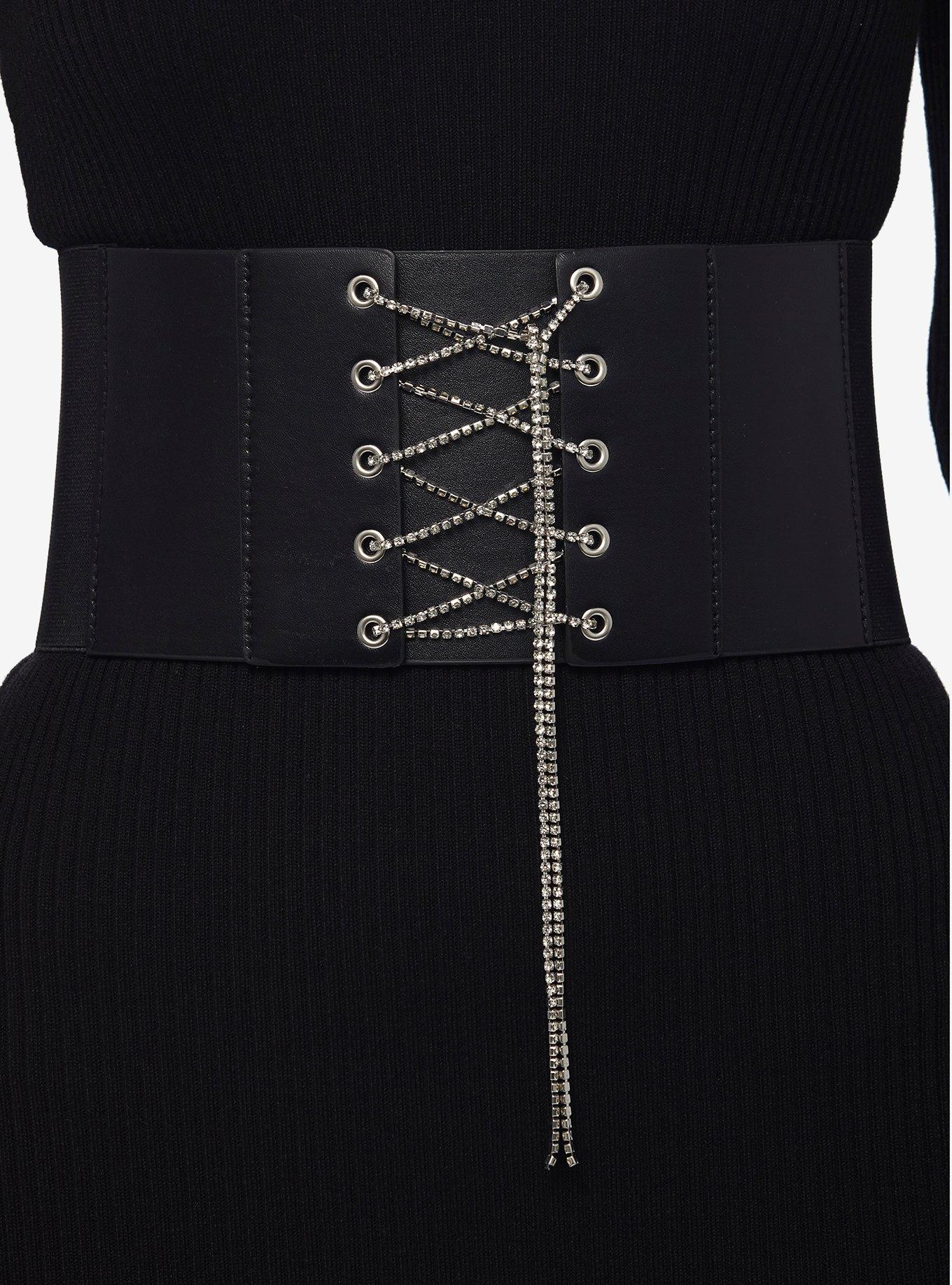 Black Rhinestone Lace-Up Corset, SILVER, hi-res